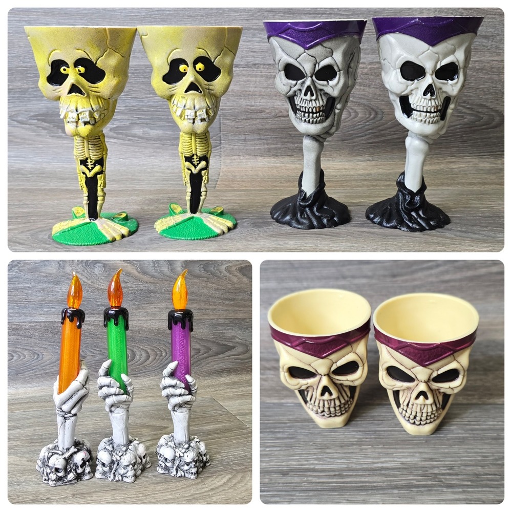 Lot of‎ 9 Halloween Skeleton Goblet Candles 3D Skull Bones Spooky Goth Horror